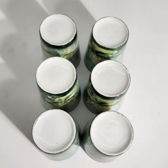 D&C France Vintage Hand Painted Pitcher and Glass Set of 7 Water Lily Green Trim - Picture 4 of 11